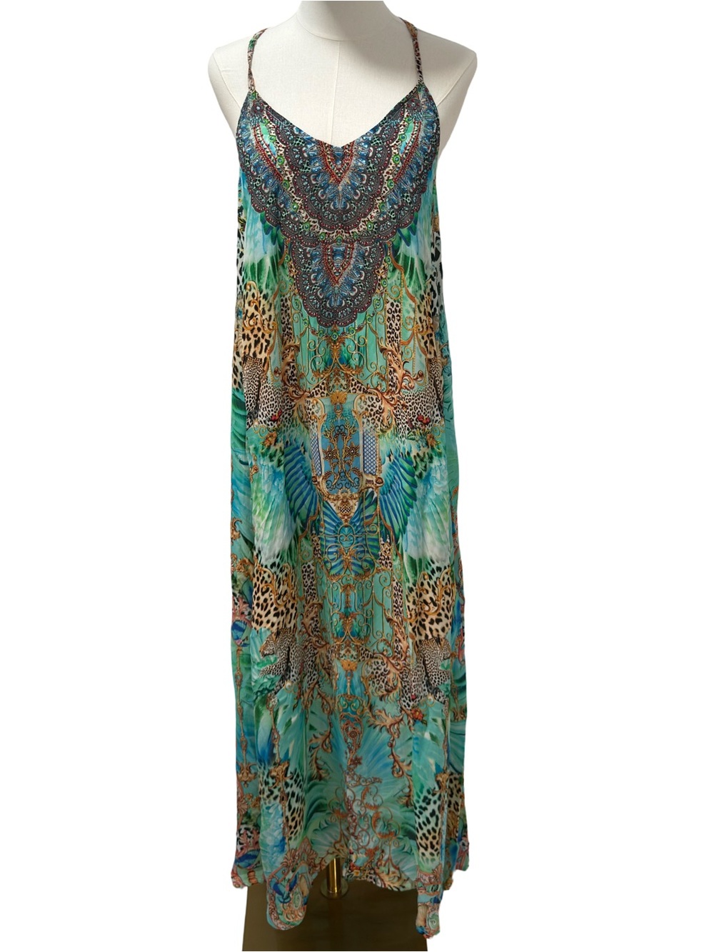 Bohemian Teal Print Maxi Silk Dress with Rhinestones.